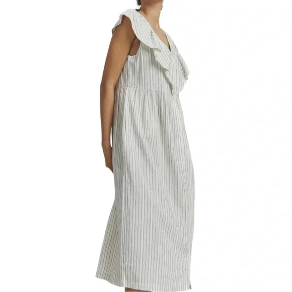 ICHI Striped Vneck Ruffle Neck Shirt Dress Size 36 Small Style IHGARCELLE DR - Picture 1 of 12